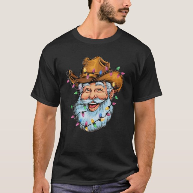 Funny Santa Cowboy Western Christmas Xmas Lights H T-Shirt (Vorderseite)