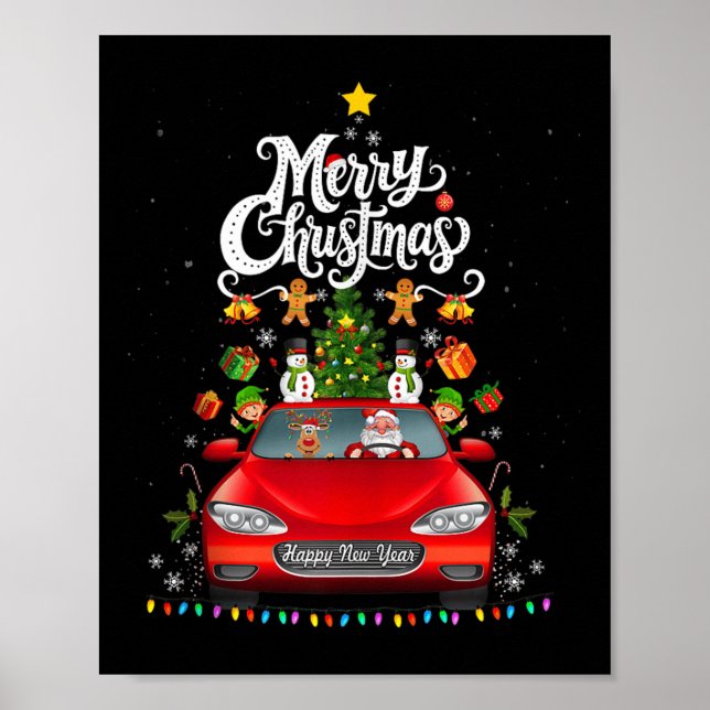 Funny Santa Driving Wagon Red Truck Christmas Tree Poster (Vorne)