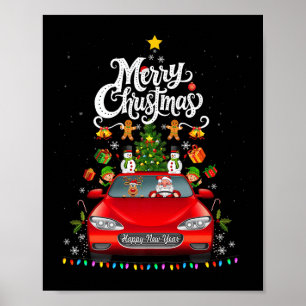 Funny Santa Driving Wagon Red Truck Weihnachtsbaum Poster