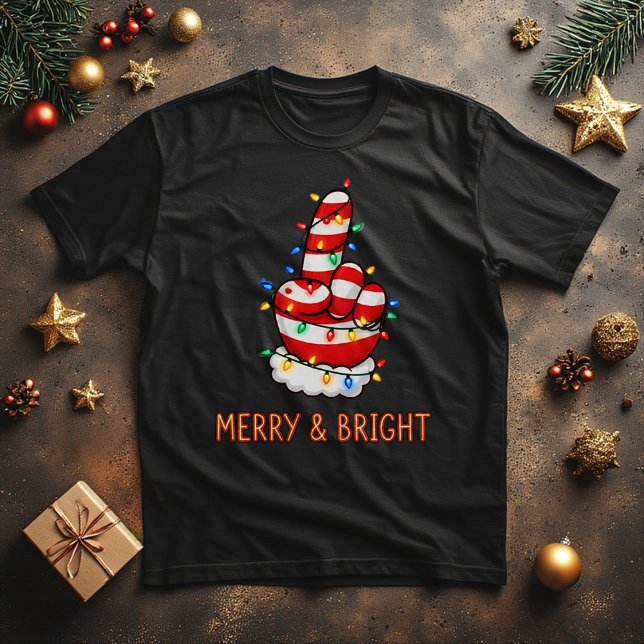Funny Santa Finger  in Christmas Lights  T-Shirt (Von Creator hochgeladen)