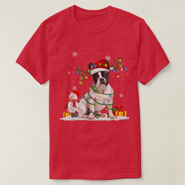 Funny Santa French Bulldog Reindeer Fairy Light Ch T-Shirt (Design vorne)