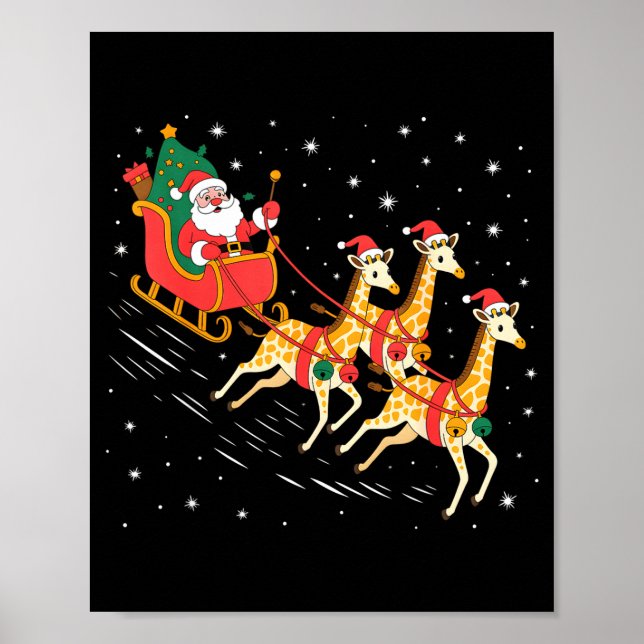 Funny Santa Giraffe Sleigh Flying Christmas Night  Poster (Vorne)