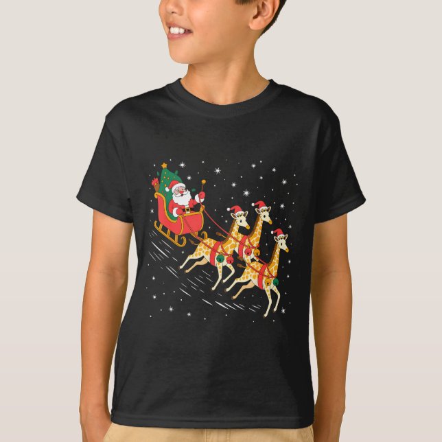 Funny Santa Giraffe Sleigh Flying Christmas Night  T-Shirt (Vorderseite)