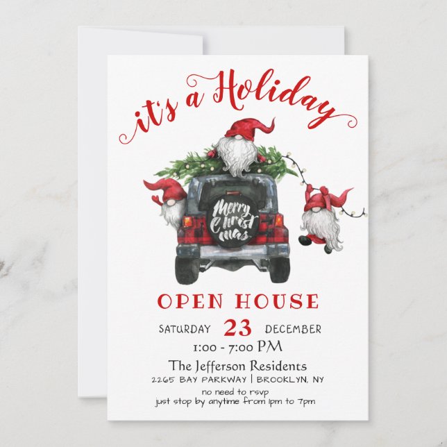 Funny Santa Gnomes Weihnachtsfeiertag Open House Einladung (Vorderseite)