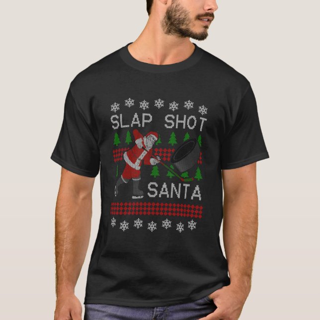 Funny Santa Hockey Puck Ugly Christmas Slap Shot S T-Shirt (Vorderseite)
