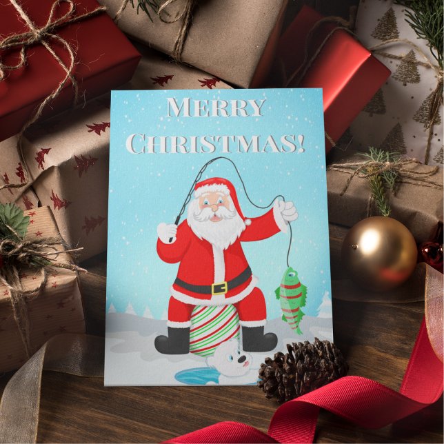 Funny Santa Ice Fischen mit Polar Bär Postkarte (Santa and Polar Bear Reel in the Fun: A Perfect Catch for the Angler in Your Life!)