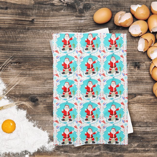 Funny Santa Ice Fischen mit Polar Bären Muster Geschirrtuch (Decorate your kitchen with reel fun for the fishing family!)