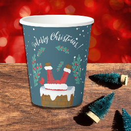 Funny Santa in Chimney Blue Christmas Paper Cups Pappbecher