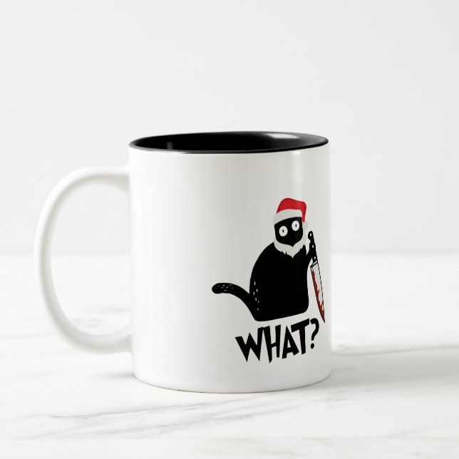 Funny Santa Murderous Black Cat Was? mit Messer  Zweifarbige Tasse (Links)