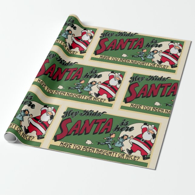 Funny Santa "Naughty or Nice" Text Retro Weihnacht Geschenkpapier (Ungerollt)