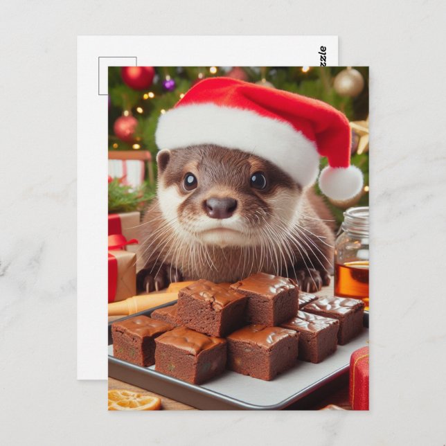 Funny Santa Otter mit dem Brownien zu Weihnachten Postkarte (Vorne/Hinten)