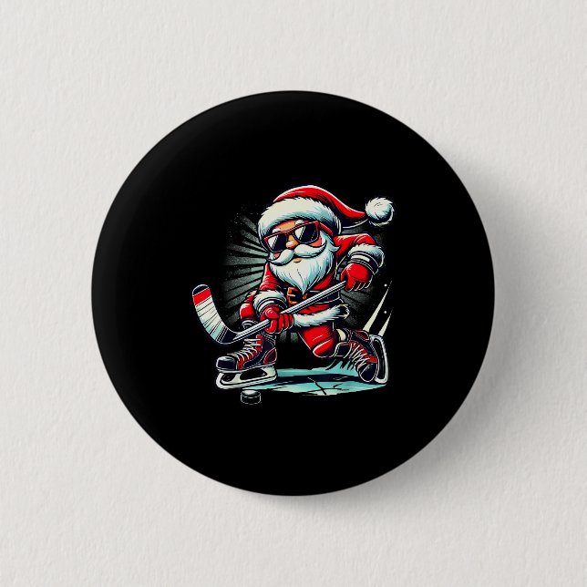 Funny Santa Playing Ice Hockey Lovers Boys Girls C Button (Vorderseite)