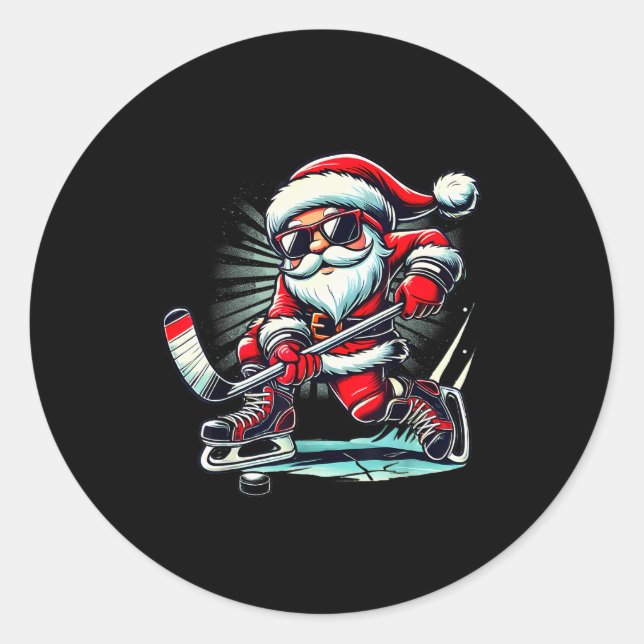Funny Santa Playing Ice Hockey Lovers Boys Girls C Runder Aufkleber (Vorderseite)