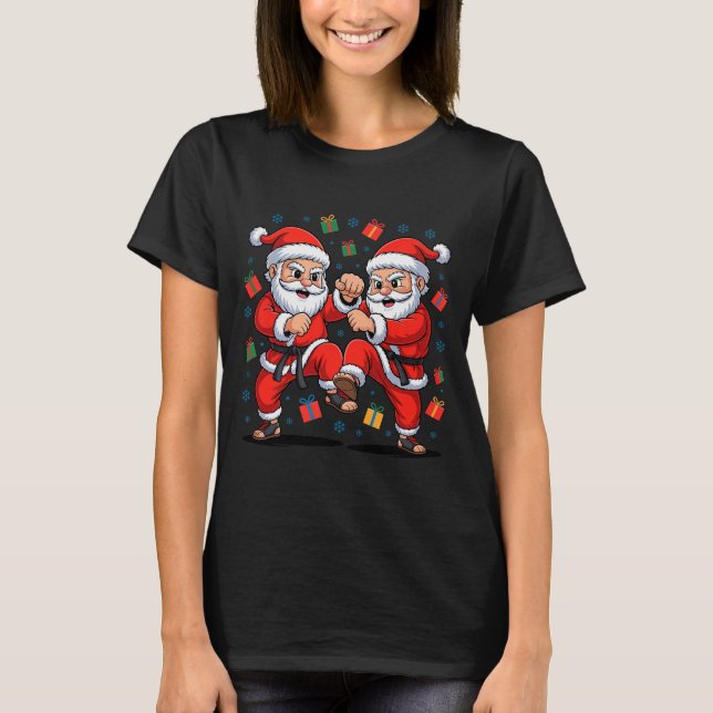 Funny Santa Playing Karate Martial Art Christmas X T-Shirt (Vorderseite)
