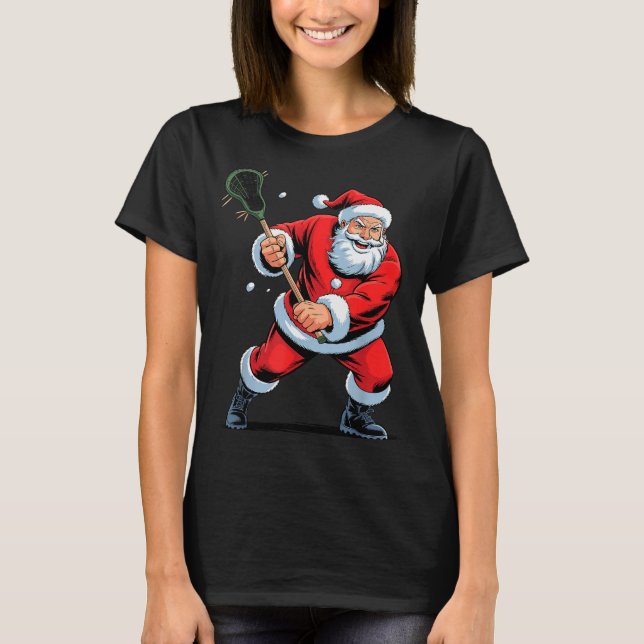 Funny Santa Playing Lacrosse Holiday Christmas Xma T-Shirt (Vorderseite)
