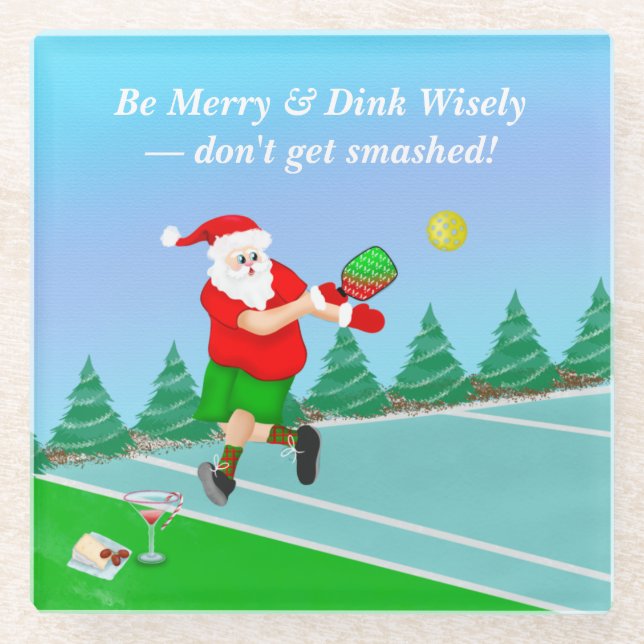 Funny Santa Playing Pickleball Merry Volley Xmas Glasuntersetzer (Vorderseite)