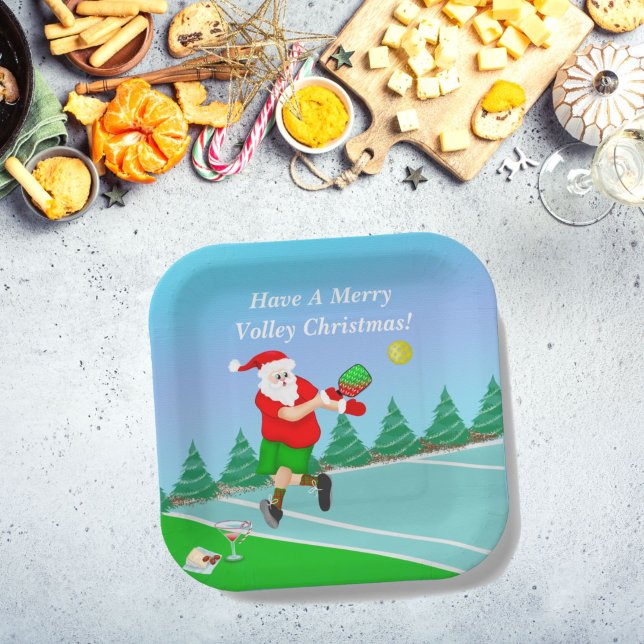 Funny Santa Playing Pickleball Merry Volley Xmas Pappteller (Von Creator hochgeladen)