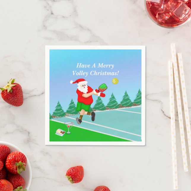 Funny Santa Playing Pickleball Merry Volley Xmas Serviette (Beispiel)