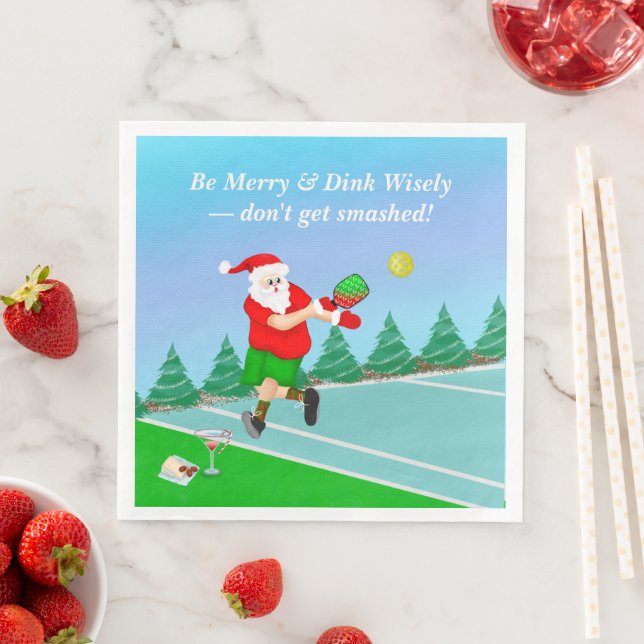 Funny Santa Playing Pickleball Merry Volley Xmas Serviette (Beispiel)