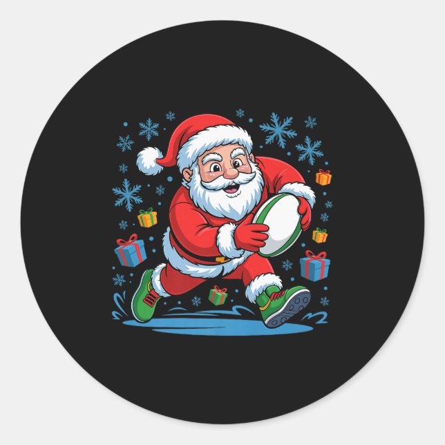 Funny Santa Playing Rugby Holiday Christmas Xmas P Runder Aufkleber (Vorderseite)