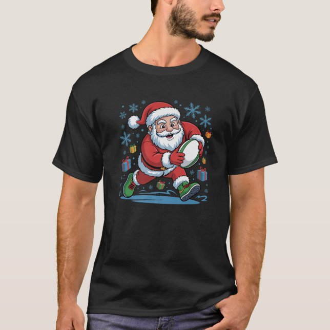 Funny Santa Playing Rugby Holiday Weihnachten Weih T-Shirt (Vorderseite)