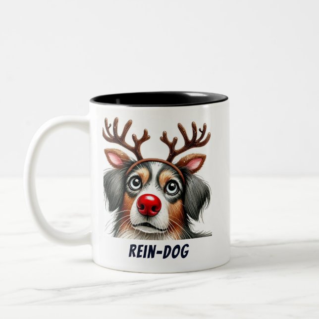 Funny Santa Rein-Dog Zweifarbige Tasse (Links)