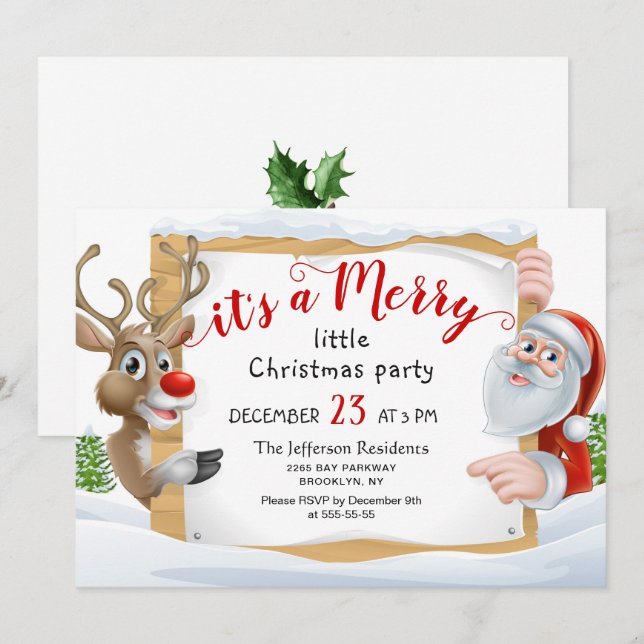 Funny Santa Reindeer Merry Little Christmas Party Einladung (Vorne/Hinten)