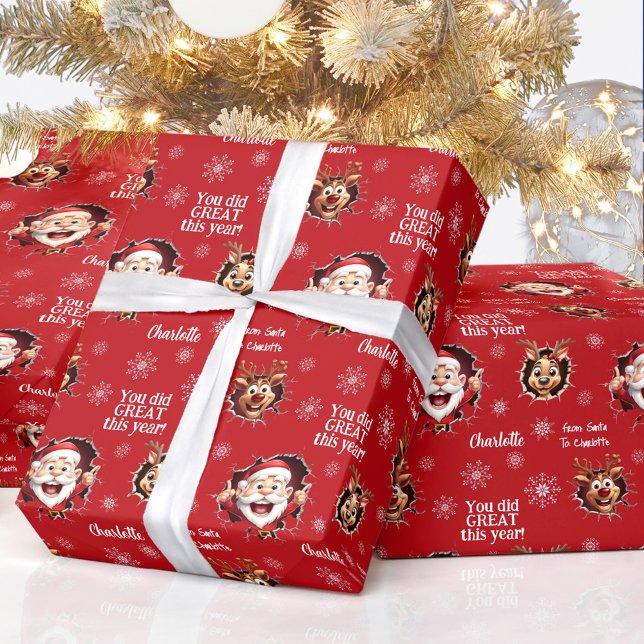 Funny Santa Reindeers Girl Name Red Christmas Geschenkpapier (Funny Santa Reindeers Girl Name Red Christmas Wrapping Paper)