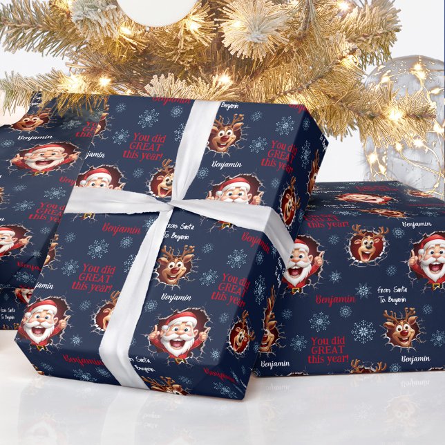 Funny Santa Reindeers Name Navy Blue Weihnachten Geschenkpapier (Funny Santa Reindeers Name Navy Blue Christmas Wrapping Paper)