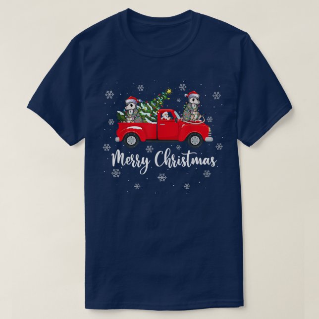 Funny Santa Riding Christmas Tree Truck Opossum Ch T-Shirt (Design vorne)