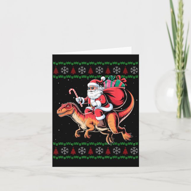 Funny Santa Riding Dinosaur Animal Ugly Christmas  Karte (Vorderseite)
