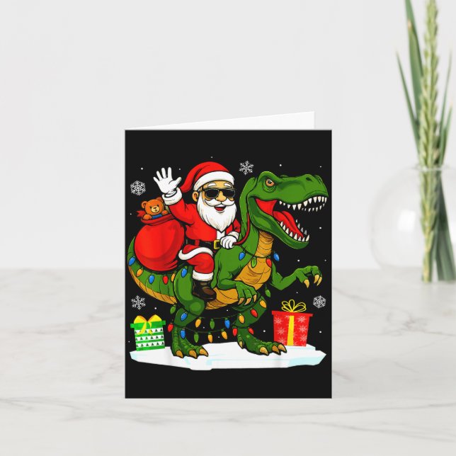 Funny Santa Riding Dinosaur T Rex Christmas Santa  Karte (Vorderseite)