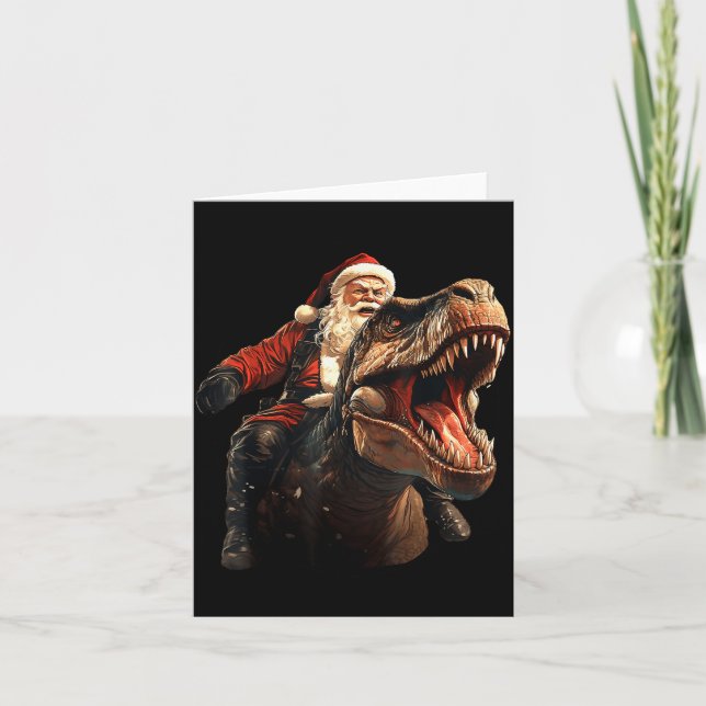 Funny Santa Riding Dinosaur, Vintage Christmas Art Karte (Vorderseite)