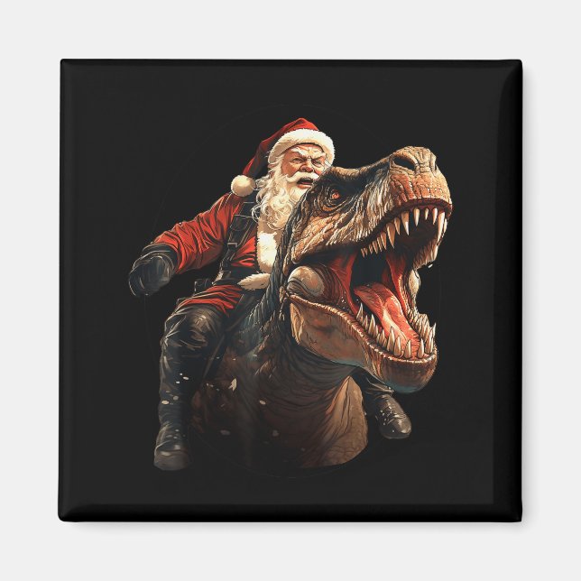 Funny Santa Riding Dinosaur, Vintage Christmas Art Magnet (Vorne)