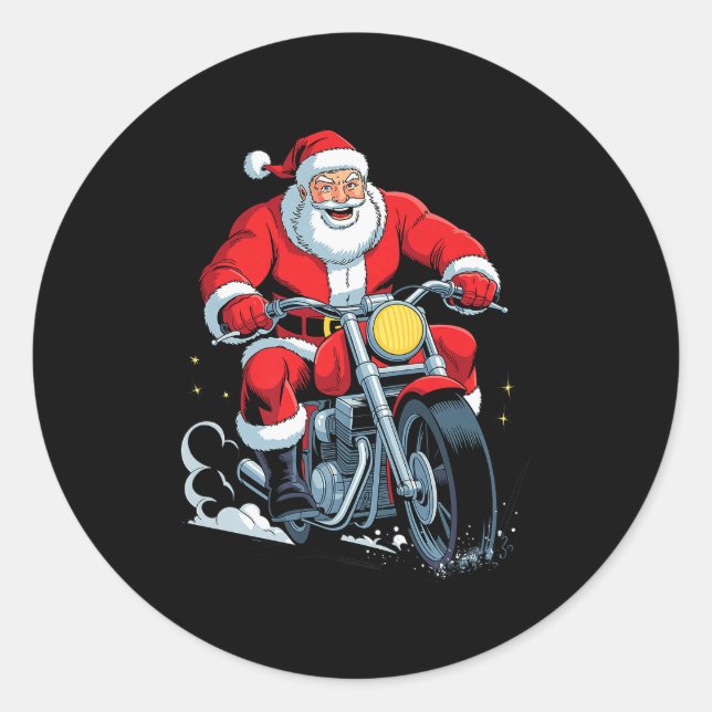 Funny Santa Riding Motorcycle Holiday Christmas Xm Runder Aufkleber (Vorderseite)