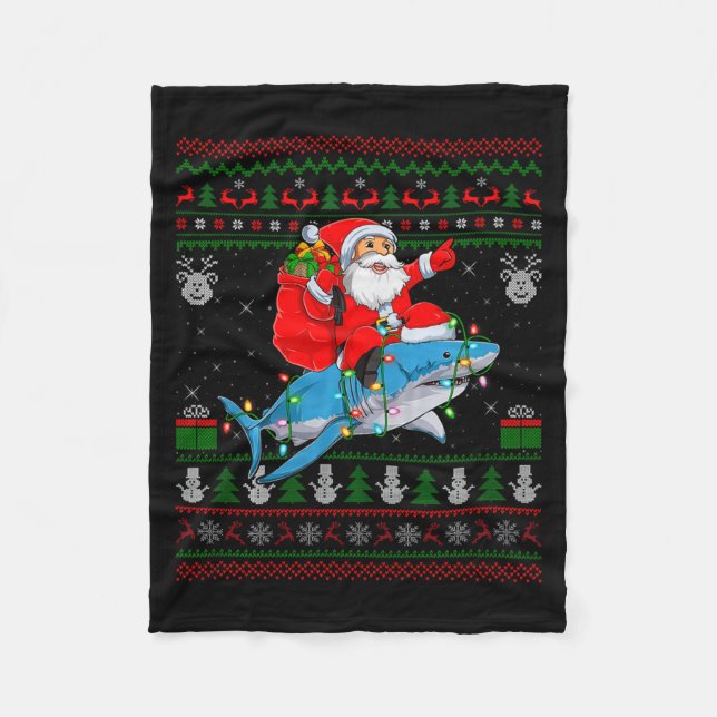 Funny Santa Riding Shark Ugly Christmas Sweaters S Fleecedecke (Vorderseite)