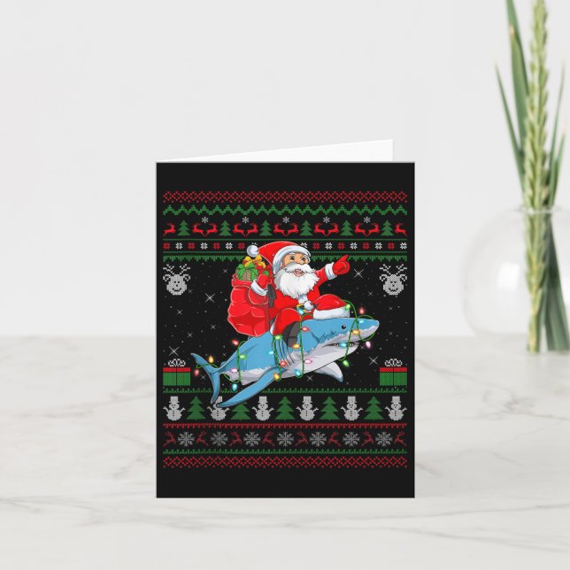 Funny Santa Riding Shark Ugly Christmas Sweaters S Karte (Vorderseite)
