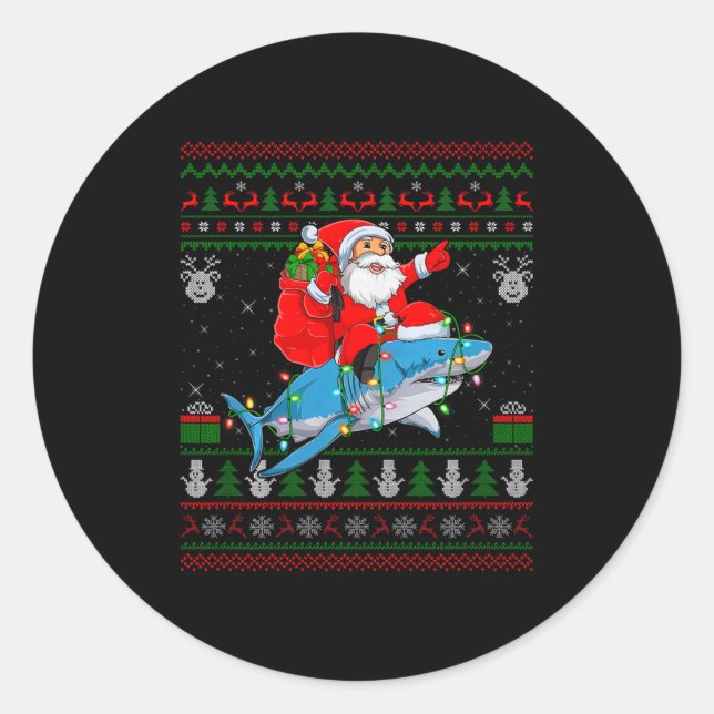 Funny Santa Riding Shark Ugly Christmas Sweaters S Runder Aufkleber (Vorderseite)