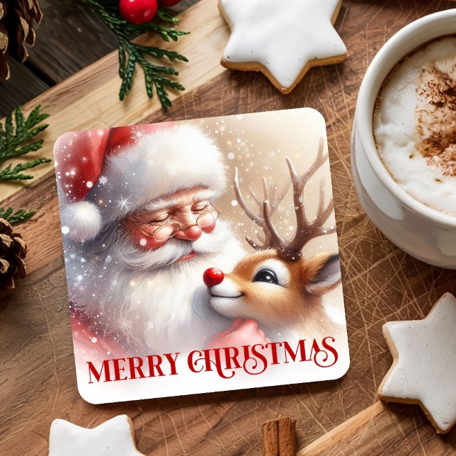 Funny Santa Rudolph Xmas Coaster Cartoon Style Art Rechteckiger Pappuntersetzer (Funny Santa Rudolph Xmas Coaster Cartoon Style Art

)