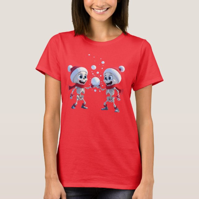 Funny Santa Skeletons Having a Snowball Fight  T-Shirt (Vorderseite)