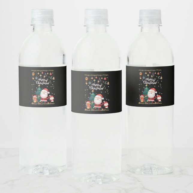 Funny Santa, Snowman, Reindeer Frohe Weihnachten Wasserflaschenetikett (Flaschen)