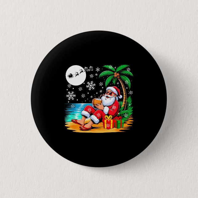 Funny Santa Sungles Drinking Coconut On Beach Chri Button (Vorderseite)