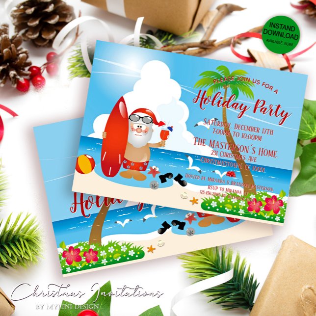 Funny Santa Tropical Beach Weihnachts-Party Einladung (Von Creator hochgeladen)