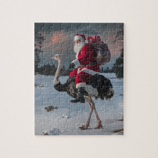 Funny Santa und Ostrich Weihnachtsschnee Puzzle (Vertikal)