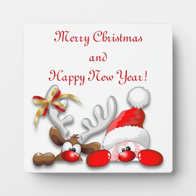 Funny Santa und Reindeer Cartoon Plaque Fotoplatte (Vorderseite)