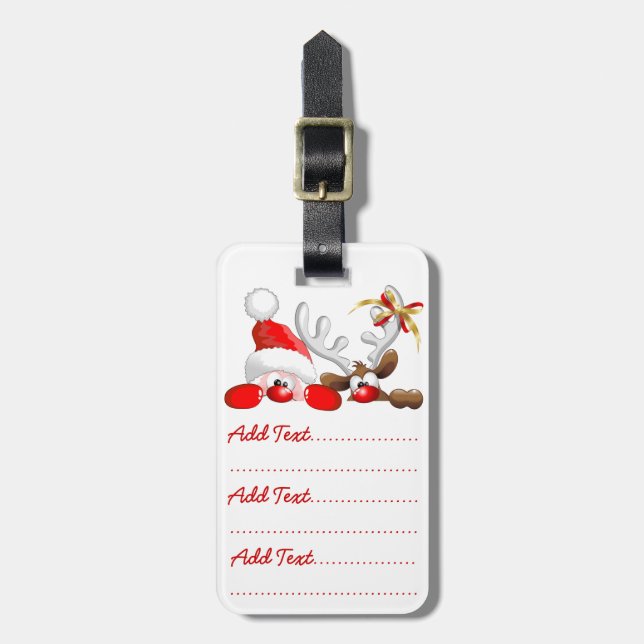 Funny Santa und Rentier Cartoon Gepäckmarke Gepäckanhänger (Vorderseite vertikal)