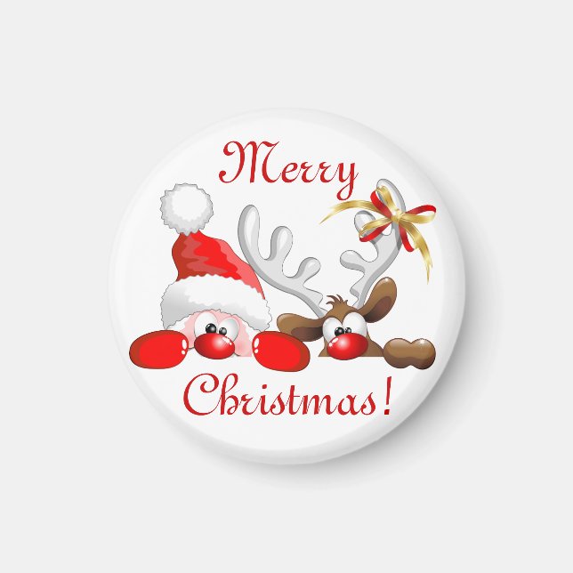 Funny Santa und Rentier Cartoon Ornament Magnet (Vorne)