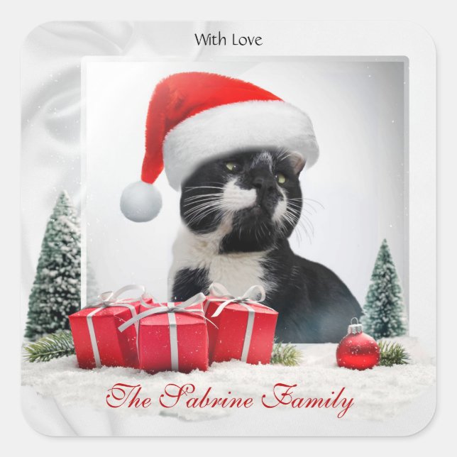 Funny Sarcastic Cat Santas Hat Weihnachtssticker Quadratischer Aufkleber (Vorderseite)