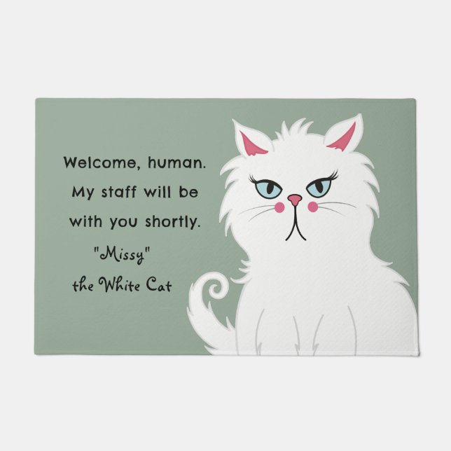 Funny Sarcastic White Cat Custom Sage Green Fußmatte (Vorderseite)