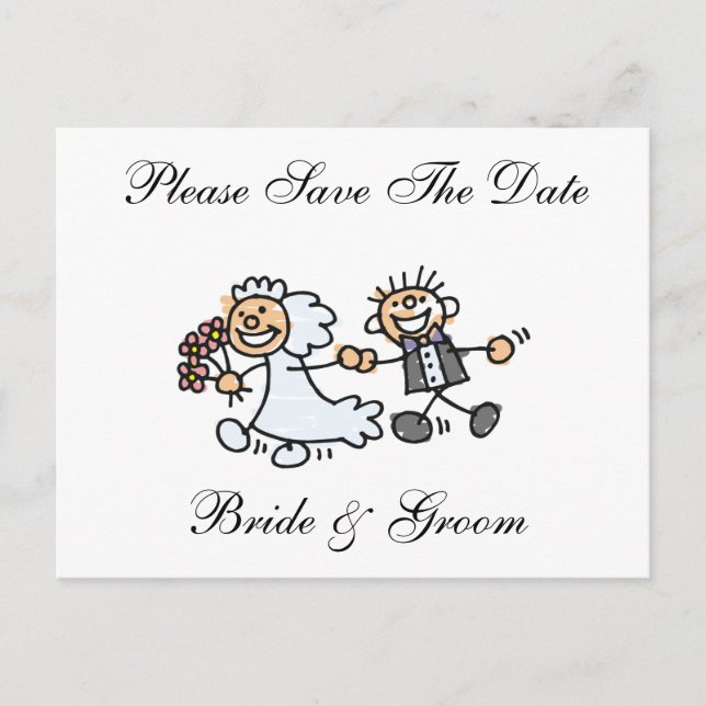 Funny Save the Date Happy Bride Groom Wedding Ankündigungspostkarte (Vorderseite)